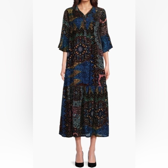 Johnny Was Nash Burnout Velvet Patchwork 3/4 Bell Sleeve Dress Small Multicolor - Picture 13 of 15